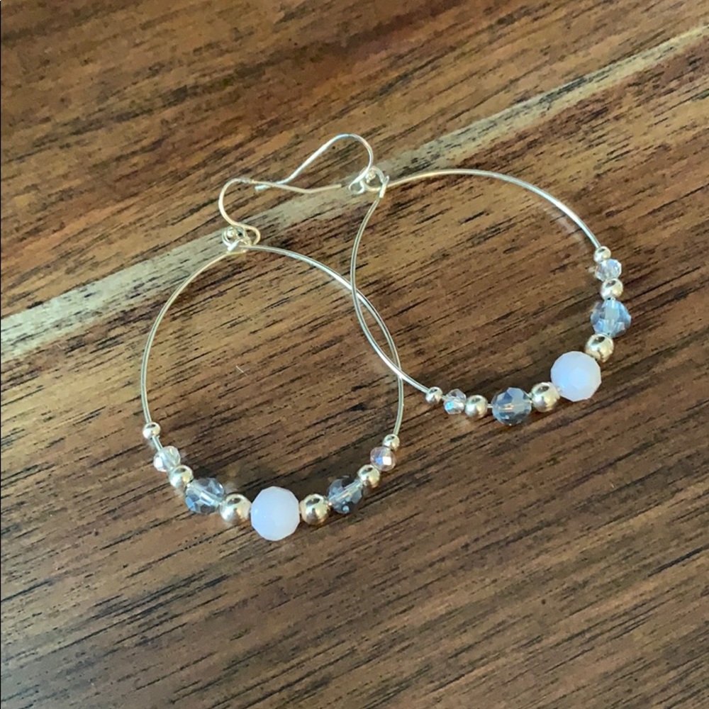 Gold beaded dangle hoops